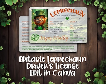 EDITABLE Leprechaun License Sublimation Design - Leprechaun Mischief Permit PNG File - Leprechaun ID - St. Patrick's Day Surprise