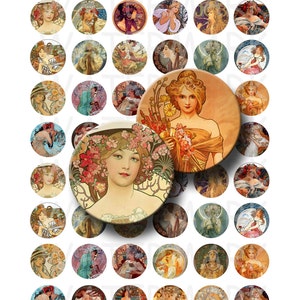 Alphonse Mucha Art - digitaal collageblad - ronde cirkels van 1 inch - INSTANT DOWNLOAD