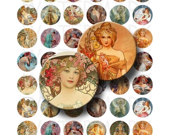 Alphonse Mucha Art - Digital Collage Sheet - 1 pulgada Round Circles - DESCARGA INSTANTE