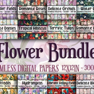 Flower Digital Paper Bundle - Includes 198 Digital Papers - Seamless Flower Patterns -  12x12in - Commercial Use - Floral Sublimation
