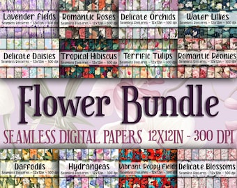 Pacote de Papéis Digitais de Flores - Inclui 198 Papéis Digitais - Estampas de Flores Sem Emenda - 30,5 x 30,5 cm - Uso Comercial - Sublimação Floral