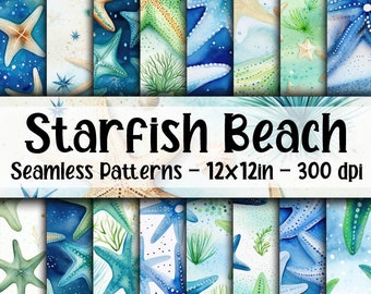 Starfish SEAMLESS Patterns - Watercolor Starfish Digital Paper - 16 Designs - 12x12in - Commercial Use - Colorful Starfish Patterns