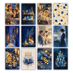 May include: A collection of twelve rectangular art prints featuring Hanukkah themes, including a family lighting a menorah, blue and gold dreidels, gold coins, lit candles, snowy street scenes, and floral arrangements in shades of blue, gold, and white.