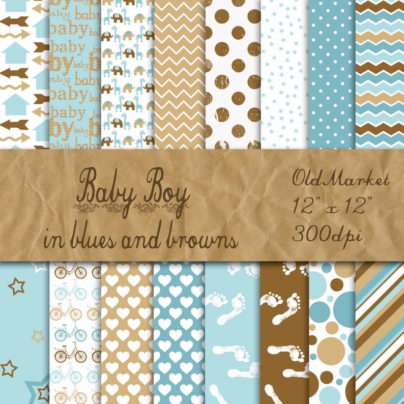 Baby Boy Digital Paper in Blues and Browns - Digital Paper Pack - 16 ...