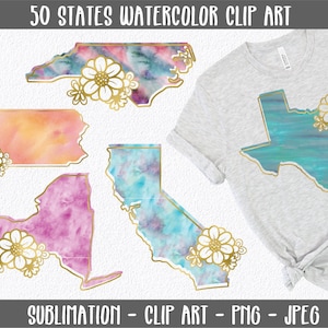 50 Staaten Aquarell Clip Art Bundle - Staaten Aquarell Sublimation - Staaten Aquarell Clipart - Kunstdrucke - Enthält PNG- und JPEG-Dateien