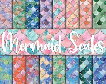 Watercolor Mermaid Scales Digital Paper Designs in Silver - Scallop Design Backgrounds -  24 Colors - 12in x 12in - Commercial Use