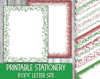 Printable Christmas Stationery - Green and Red Glitter Christmas Letter Paper - Letterheads -  16 Designs - 8.5in x 11in - Commercial Use
