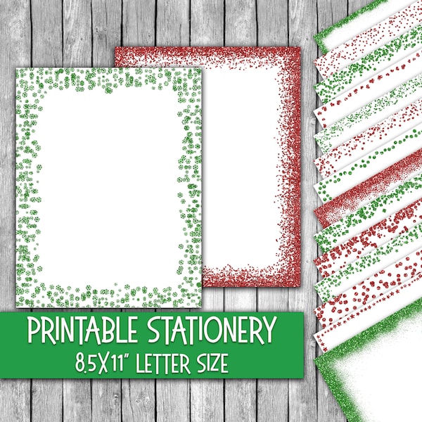 Printable Christmas Stationery - Green and Red Glitter Christmas Letter Paper - Letterheads -  16 Designs - 8.5in x 11in - Commercial Use