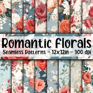 Motifs floraux romantiques sans couture - fleurs romantiques papier numérique - 16 modèles - 12 x 12 po - usage commercial - motifs floraux