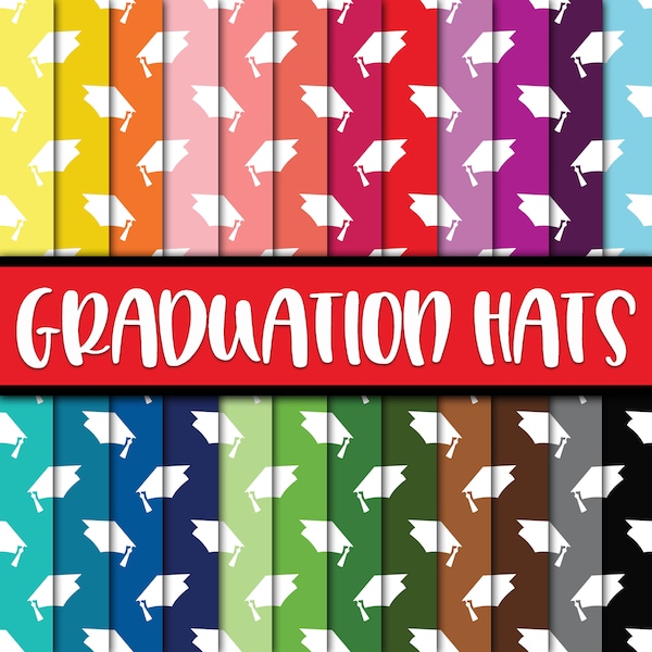 Graduation Digital Paper - Colorful Graduation Hats Backgrounds -  24 Colors - 12in x 12in - Commercial Use -  INSTANT DOWNLOAD