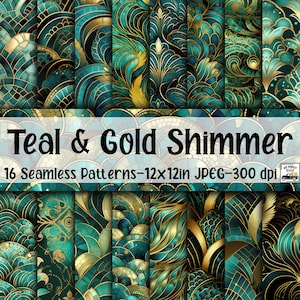 Türkis und Gold schimmernde SEAMLESS Muster - Türkis und Gold Digital Papier - 16 Designs - 30,5 x 30 cm - Kommerzielle Nutzung - Türkis und Gold Muster