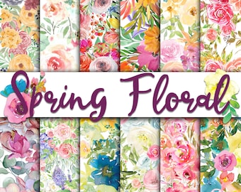 Spring Floral Medley Digital Paper - Watercolor Flower Backgrounds -  12 Designs - 12x12in - Commercial Use - Floral Sublimation