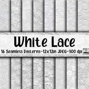 May include: A collection of sixteen white lace seamless patterns, each 12x12 inches, displayed in a grid. The patterns showcase various floral and textured lace designs. The text "White Lace" is prominently displayed, along with details about the patterns.