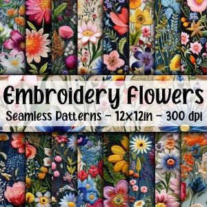 Stickerei Blumen NAHTLOS-Muster - Blumenstickerei Digitales Papier - 16 Designs - 30 x 30 cm - Kommerzielle Nutzung - Gestickte Blume