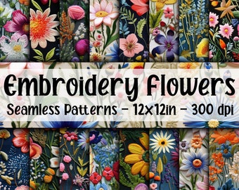 Embroidery Flowers SEAMLESS Patterns - Floral Embroidery Digital Paper - 16 Designs - 12x12in - Commercial Use - Embroidered Flower