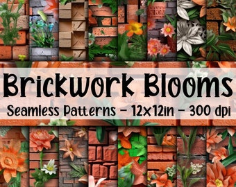 3D Brickwork Blooms SEAMLESS Patterns - Floral Digital Paper -  16 Designs - 12x12in - Commercial Use - Seamless 3D Flower Patterns