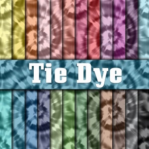 Puede incluir: Una colección de 24 patrones de papel digital con diseños tie-dye en varios colores, incluyendo azul, verde, rosa, morado y amarillo. Los patrones están dispuestos en una cuadrícula y tienen un aspecto de remolino abstracto. El texto "Tie Dye" se muestra en letras blancas sobre un fondo azul.
