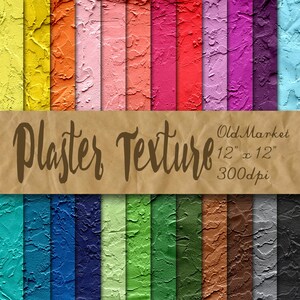 May include: A set of 24 digital paper textures featuring a plaster wall design in various colors. Each texture is 12 inches by 12 inches and 300 dpi. The textures are perfect for creating backgrounds, scrapbooking, and other digital projects.