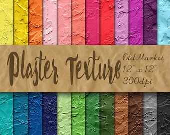 May include: A set of 24 digital paper textures featuring a plaster wall design in various colors. Each texture is 12 inches by 12 inches and 300 dpi. The textures are perfect for creating backgrounds, scrapbooking, and other digital projects.