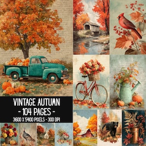 May include: A digital collage of autumn-themed illustrations featuring a teal pickup truck, a red cardinal, a bicycle with a flower basket, a watering can with pumpkins, a black bear, a turkey, and a barn, with the text VINTAGE AUTUMN - 104 PAGES.