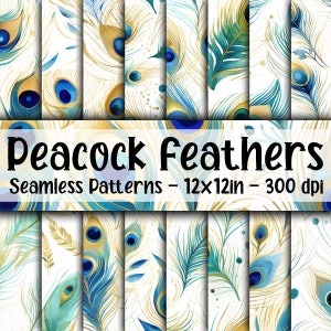 Watercolor Peacock Feathers SEAMLESS Patterns - Peacock Feathers Digital Paper - 16 Designs - 12x12in - Commercial Use