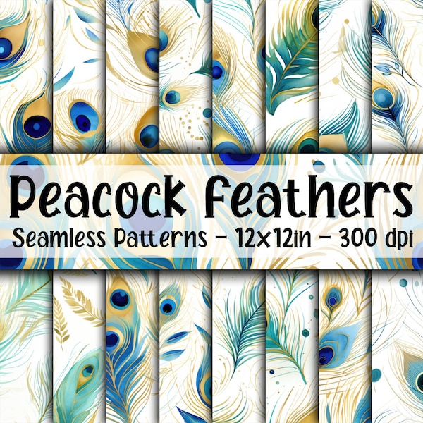 Watercolor Peacock Feathers SEAMLESS Patterns - Peacock Feathers Digital Paper - 16 Designs - 12x12in - Commercial Use