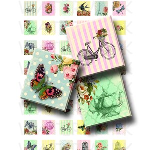 May include: A set of 36 digital scrapbook paper squares featuring a shabby chic theme. The papers feature a variety of designs, including floral patterns, bicycles, birds, and teapots. The papers are perfect for creating digital scrapbook pages, cards, and other crafts.