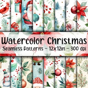 Patrones navideños sin costuras en acuarela - Papel digital navideño - 16 diseños - 12 x 12 pulgadas - Uso comercial - Patrones navideños en acuarela