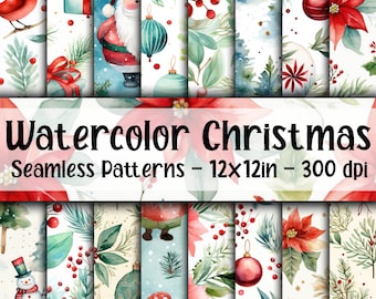 May include: Twelve watercolor Christmas seamless patterns featuring illustrations of Santa Claus, a cardinal, a snowman, ornaments, poinsettias, holly berries, and pine branches. The patterns are 12x12 inches and 300 dpi.