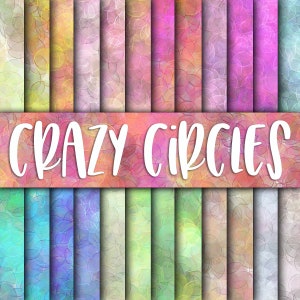 Könnte beinhalten: Ein digitales Papierpaket mit 16 verschiedenen Mustern mit bunten Kreisen auf weißem Hintergrund. Der Titel "CRAZY CIRCLES" wird oben auf dem Paket angezeigt.