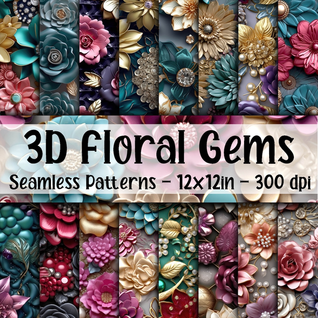3D Floral Gems 3d Flower Seamless Patterns 16 Designs 12x12in
