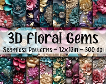 May include: A set of 12 digital seamless patterns featuring 3D floral designs with jewel-toned colours and gold accents. The patterns are 12x12 inches and 300 dpi.