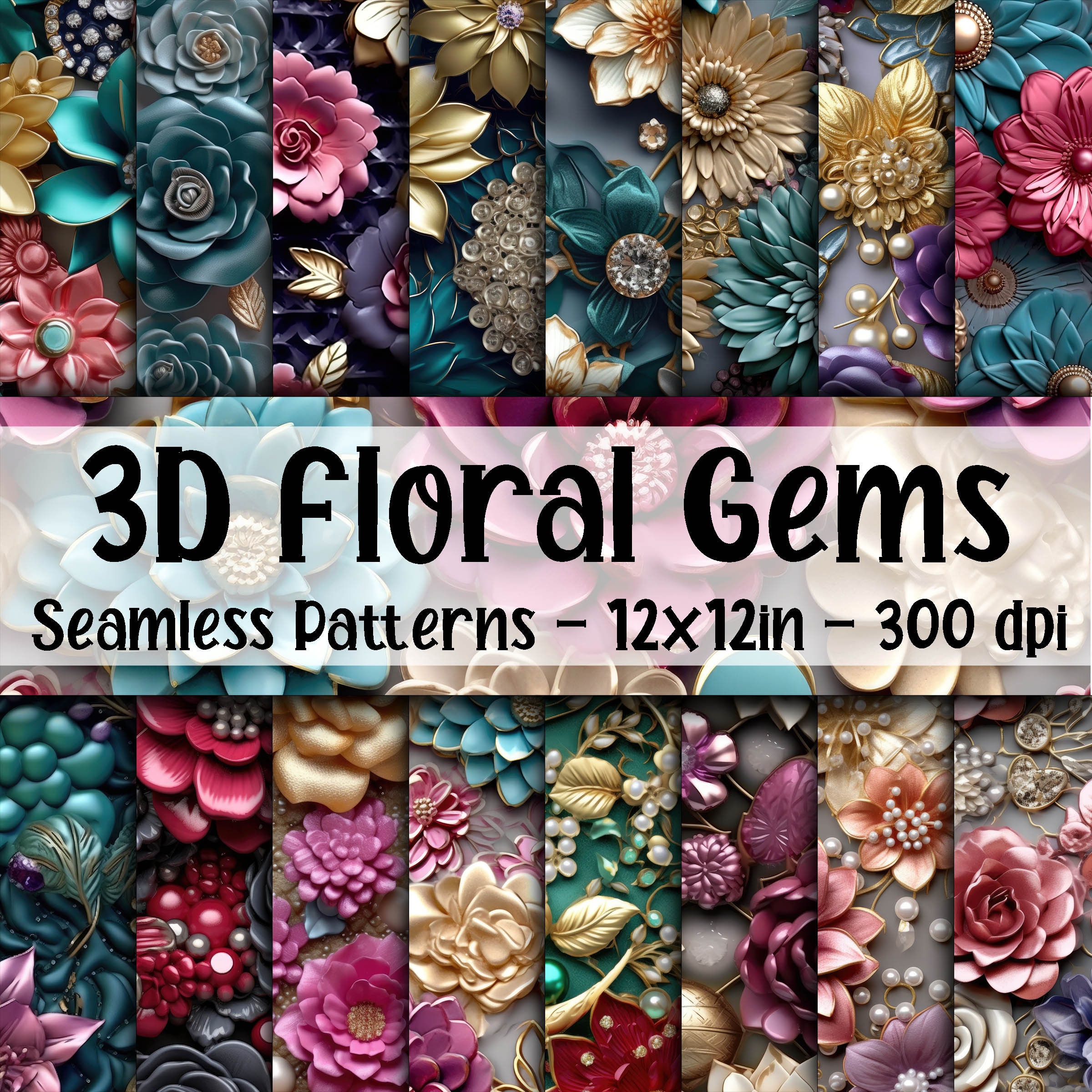 3D Floral Gems - 3d Flower Seamless Patterns - 16 Designs - 12x12in ...