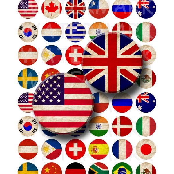 World Flags - Digital Collage Sheet  - 1 inch Round Circles - INSTANT DOWNLOAD