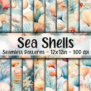 Conchas do mar aquarela Padrões SEM EMENDA - Papel digital de conchas - 16 designs - 12 x 12 pol - Uso comercial - Papel digital de conchas do mar