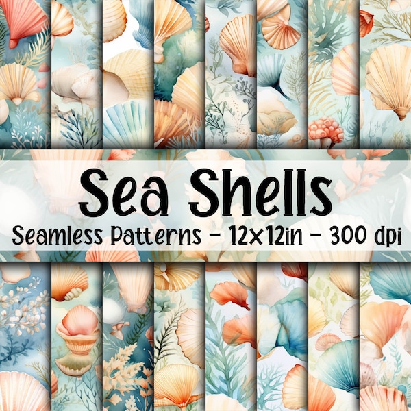 Watercolor Sea Shells SEAMLESS Patterns - Seashell Digital Paper - 16 Designs - 12x12in - Commercial Use - Sea Shells Digital Paper