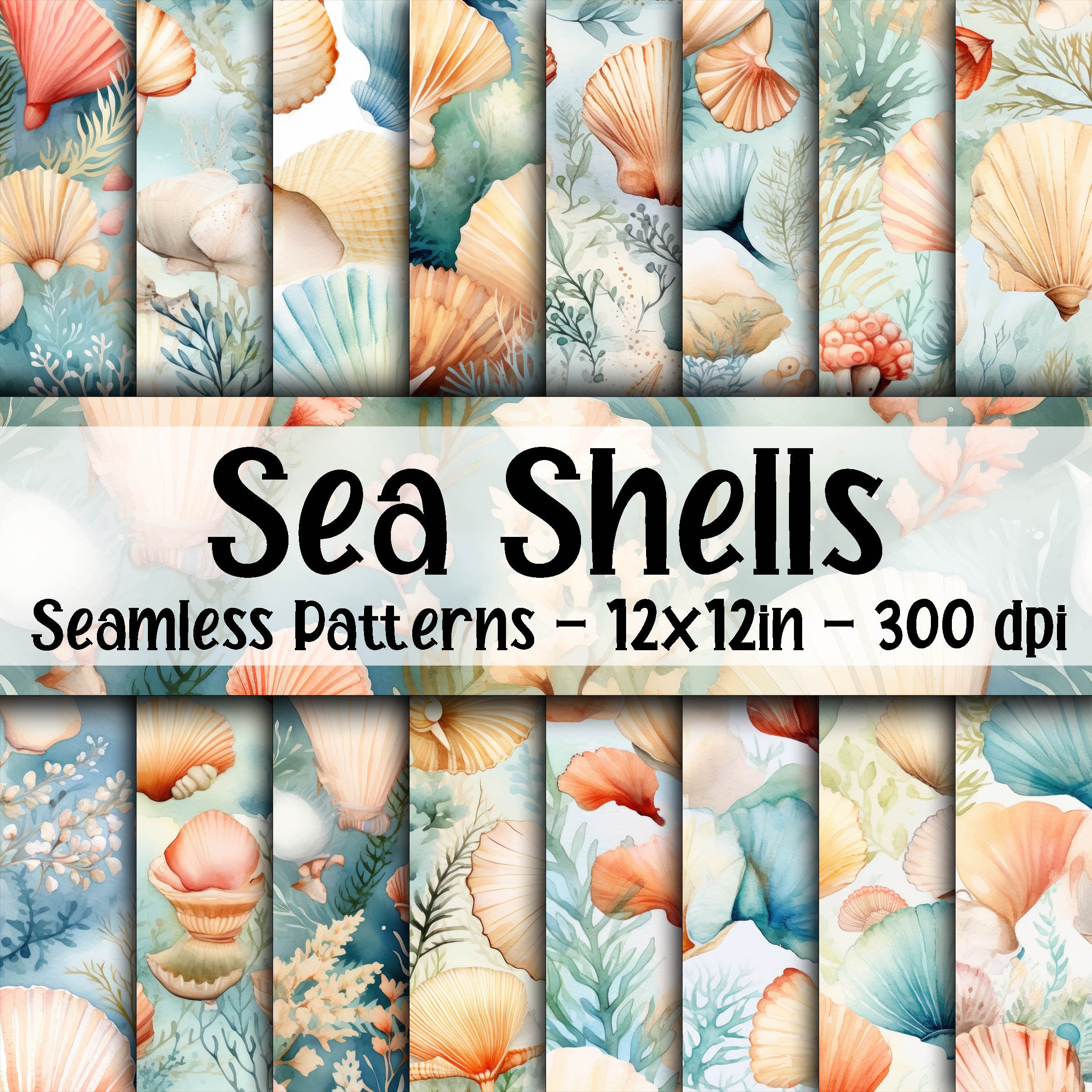 Shell Digital Paper Watercolor Sea Shells SEAMLESS Patterns - Seashell Digital Paper - 16 ...