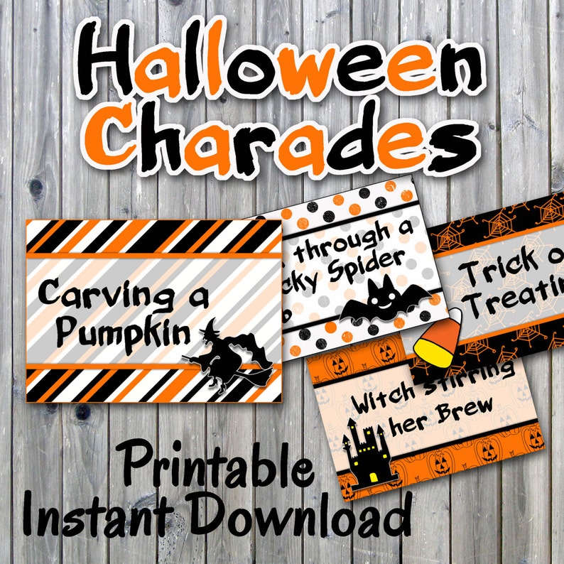 Halloween Charades Party Game Printable PDF Printable 32 Different Charade Prompts on Decorative Cards INSTANT DOWNLOAD