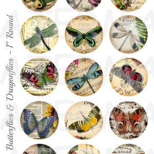 Mariposas y libélulas - Hoja de collage digital de 4 x 6 - Círculos de 1 pulgada - DESCARGA INSTANTÁNEA