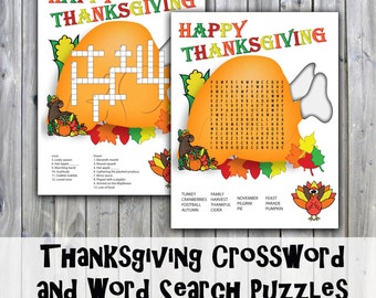 Thanksgiving Crossword Puzzle and Word Search - Party Game Printables - Instant Download