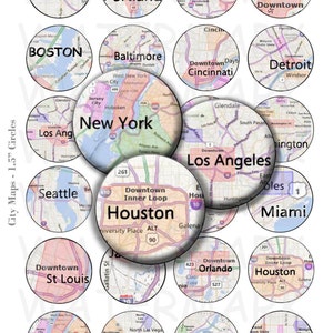 Mapas de ciudades - Hoja de collage digital - Círculos de 1,5 pulgadas - DESCARGA INSTANTÁNEA
