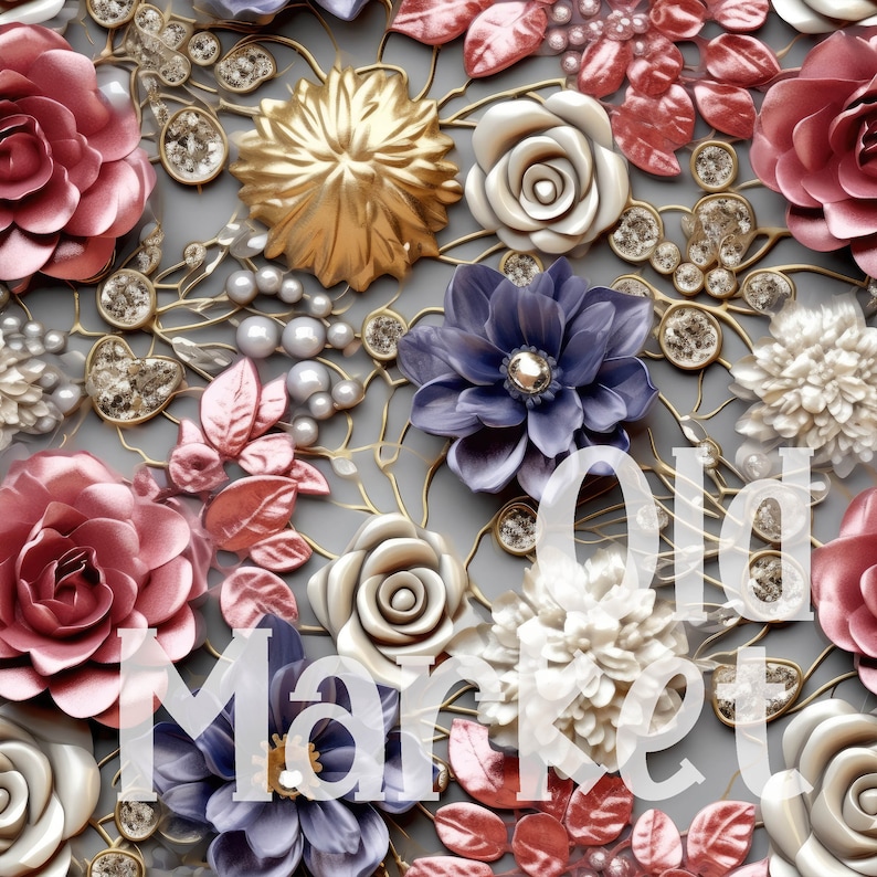 May include: A close-up of a floral design with a variety of flowers, including roses, daisies, and other blooms. The flowers are arranged in a pattern and are surrounded by gold and silver accents. The background is a light gray color.