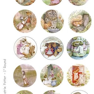 Ilustrações de Beatrix Potter - Folha de colagem digital 4 x 6 - Círculos redondos de 1 polegada - DOWNLOAD INSTANTÂNEO
