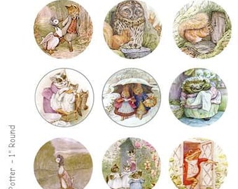 Ilustraciones de Beatrix Potter - Hoja de collage digital de 4 x 6 - Círculos de 1 pulgada - DESCARGA INSTANTÁNEA