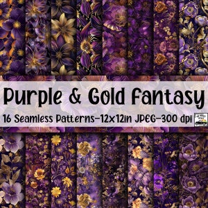 Lila & Gold Fantasieblumen NAHTLOSE Muster - Lila und Gold Blumen Digital Papier - 16 Designs - 12 x 12 Zoll - Kommerzielle Nutzung