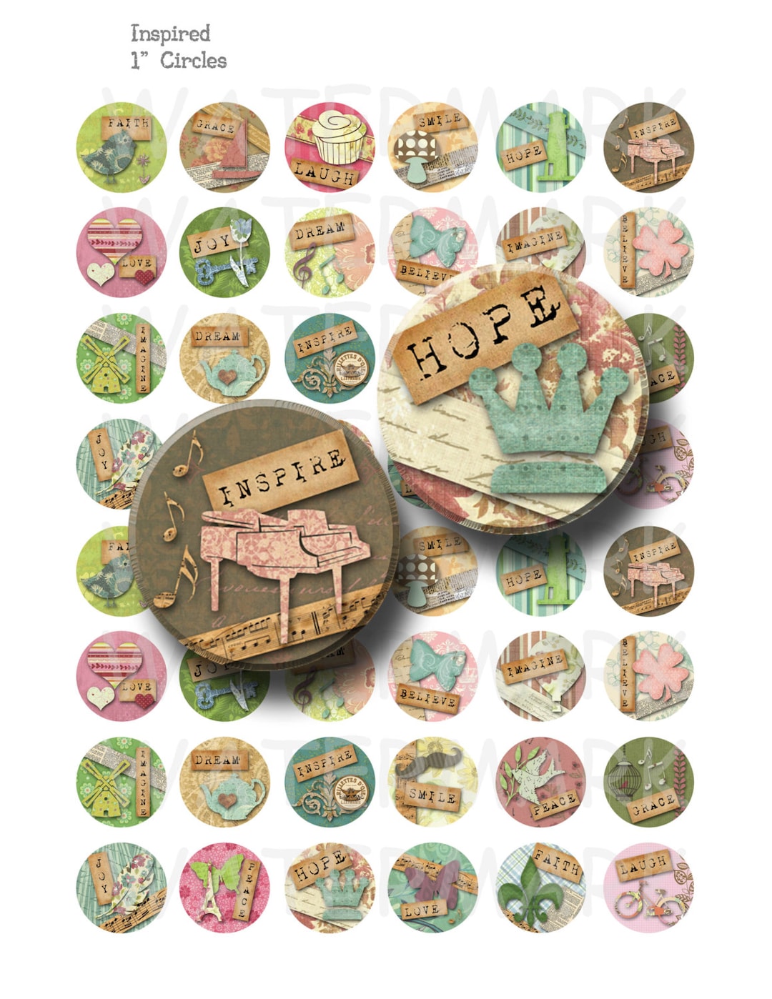 Inspired - Digital Collage Sheet - 1 Inch Round Circles - INSTANT ...