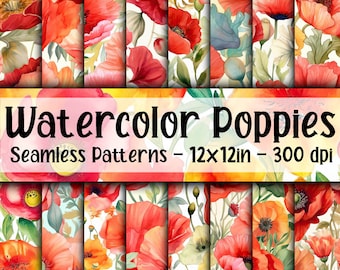 Watercolor Poppies SEAMLESS Patterns - Poppy Digital Paper - 16 Designs - 12x12in - Commercial Use - Poppies Digital Paper