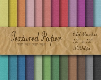 May include: A set of 20 textured digital paper backgrounds in various colors. The papers are 12 inches by 12 inches and 300 dpi. The papers have a vintage, old market look.