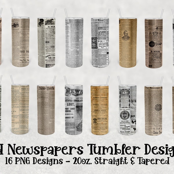 Old Newspapers Skinny Tumbler Sublimation Design Bundle – Comprend 16 motifs pour gobelets de 20 oz – droits et coniques