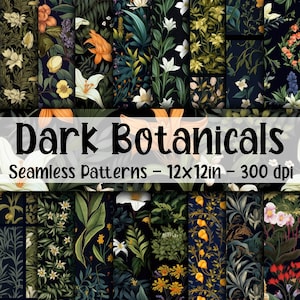 Dunkle botanische NAHTLOS-Muster - Dunkle Blumen-Digital-Papier - 16 Designs - 30,5 x 30 cm - Kommerzielle Nutzung - Blumen-Digital-Papier